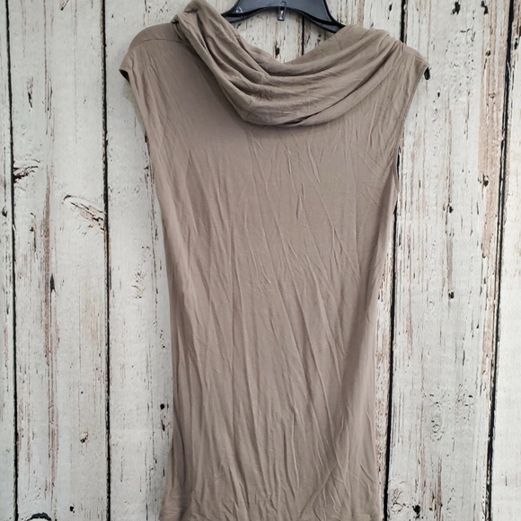 Women's Medium Kenar Sleeveless Ruched Side Cowl Neck Tan Jersey Dress EUC - Picture 3 of 4